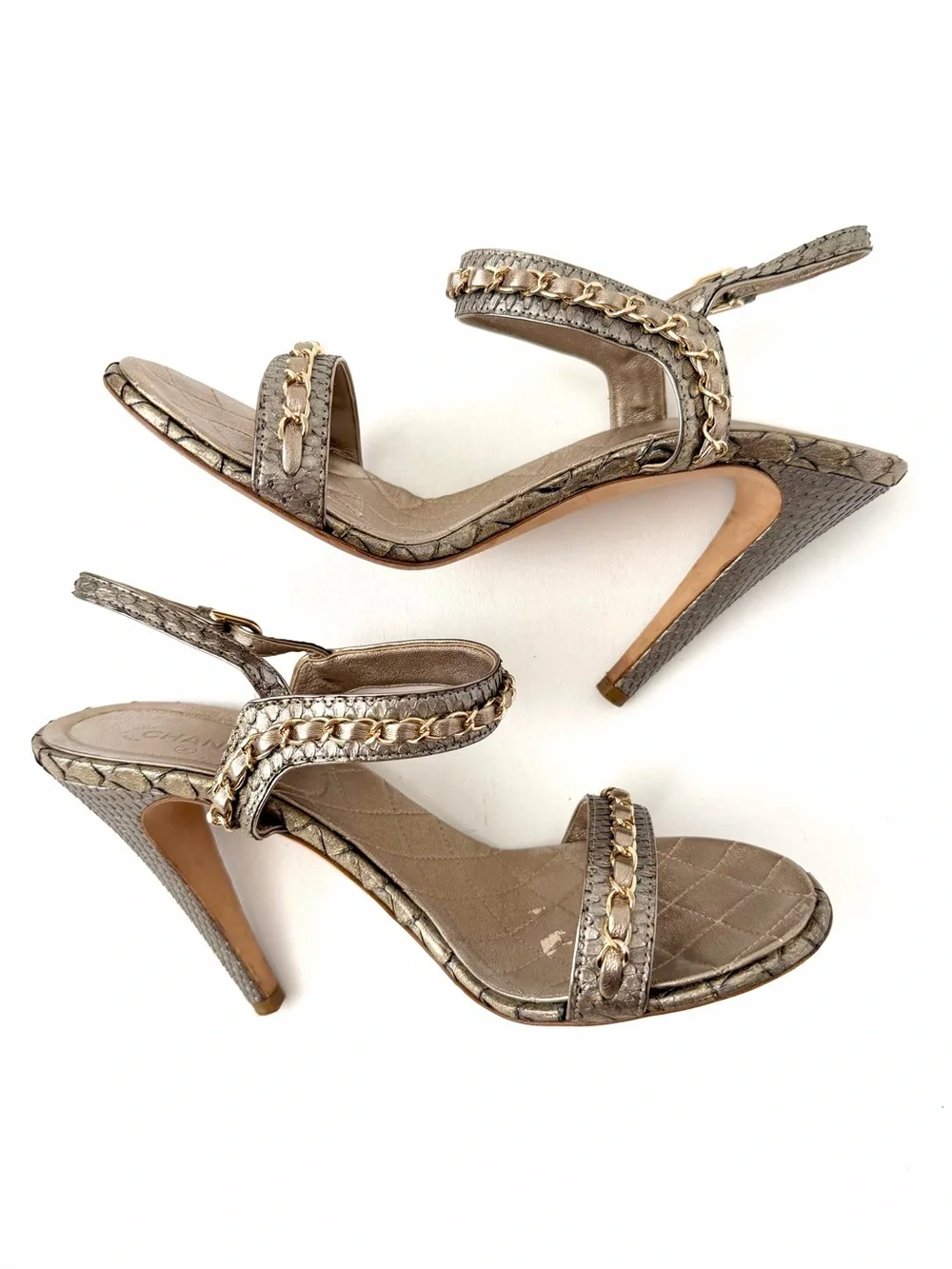 CHANEL | Gold Bronze Python CC Logo Chain Ankle Strap High Heel Sandals EU 41